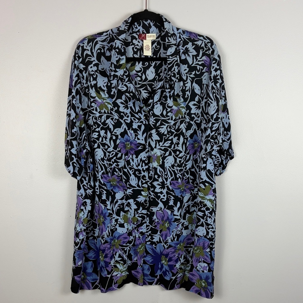 JM Collection Floral Button Front Blouse Black Purple Plus Size 20W Short Sleeve - Picture 2 of 13